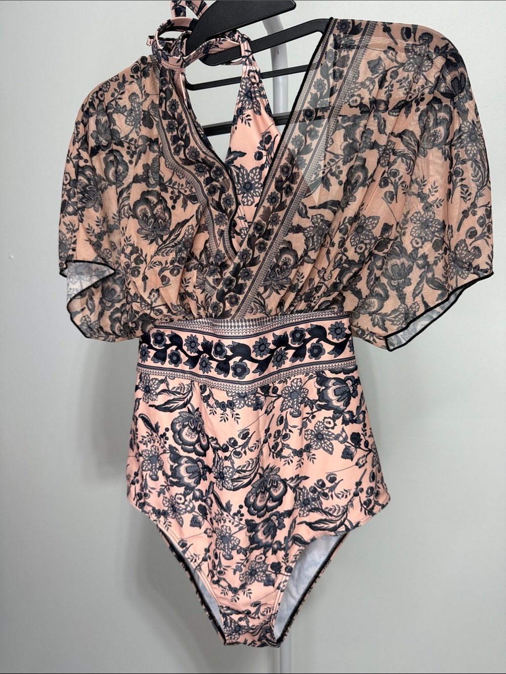 Floral Pink One-Piece Swimsuit with Black Lace-Effect Overlay